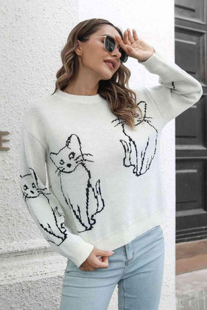 Pet Lover Knitted Crew Neck Cat Sweater - MXSTUDIO.COM