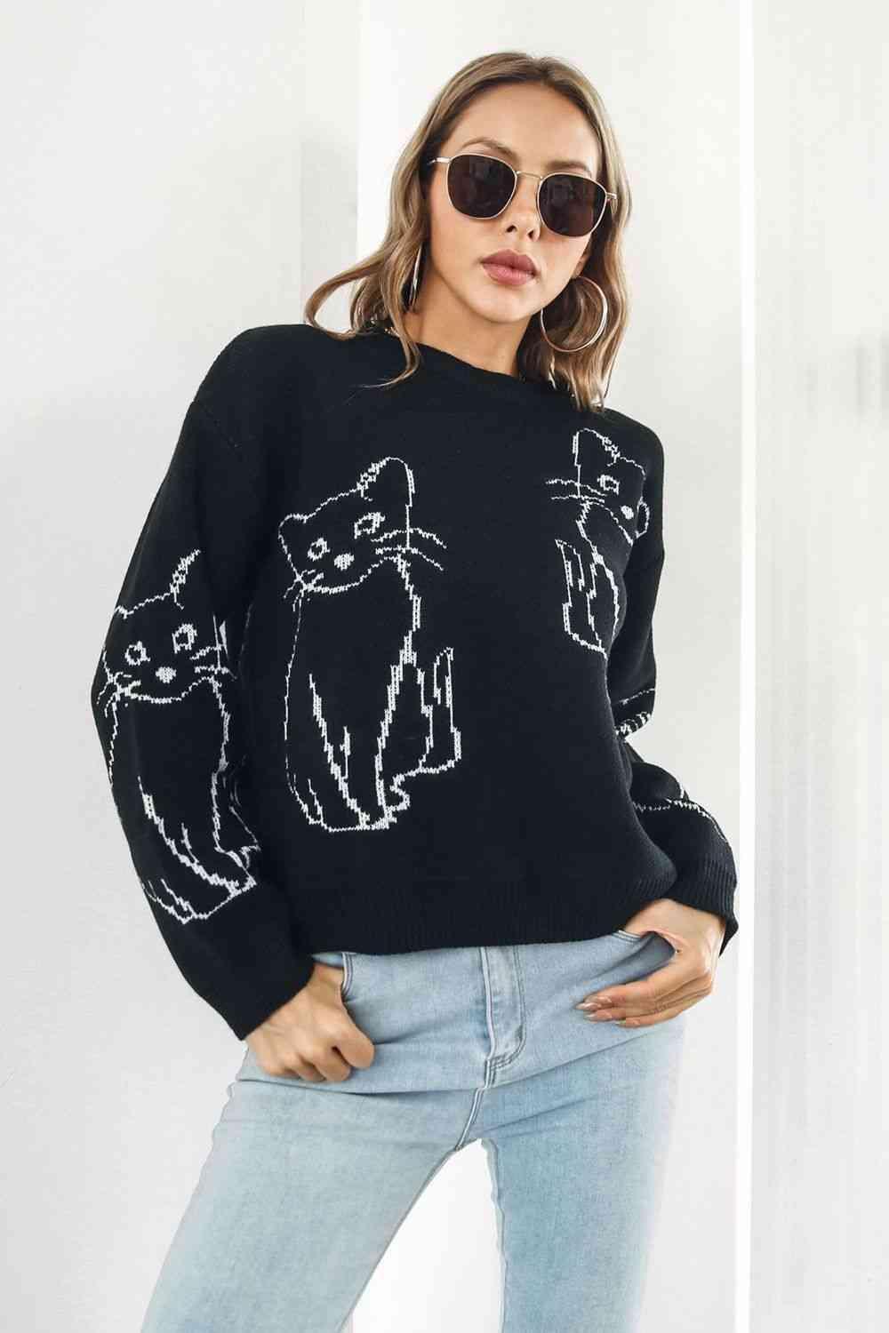 Pet Lover Knitted Crew Neck Cat Sweater - MXSTUDIO.COM