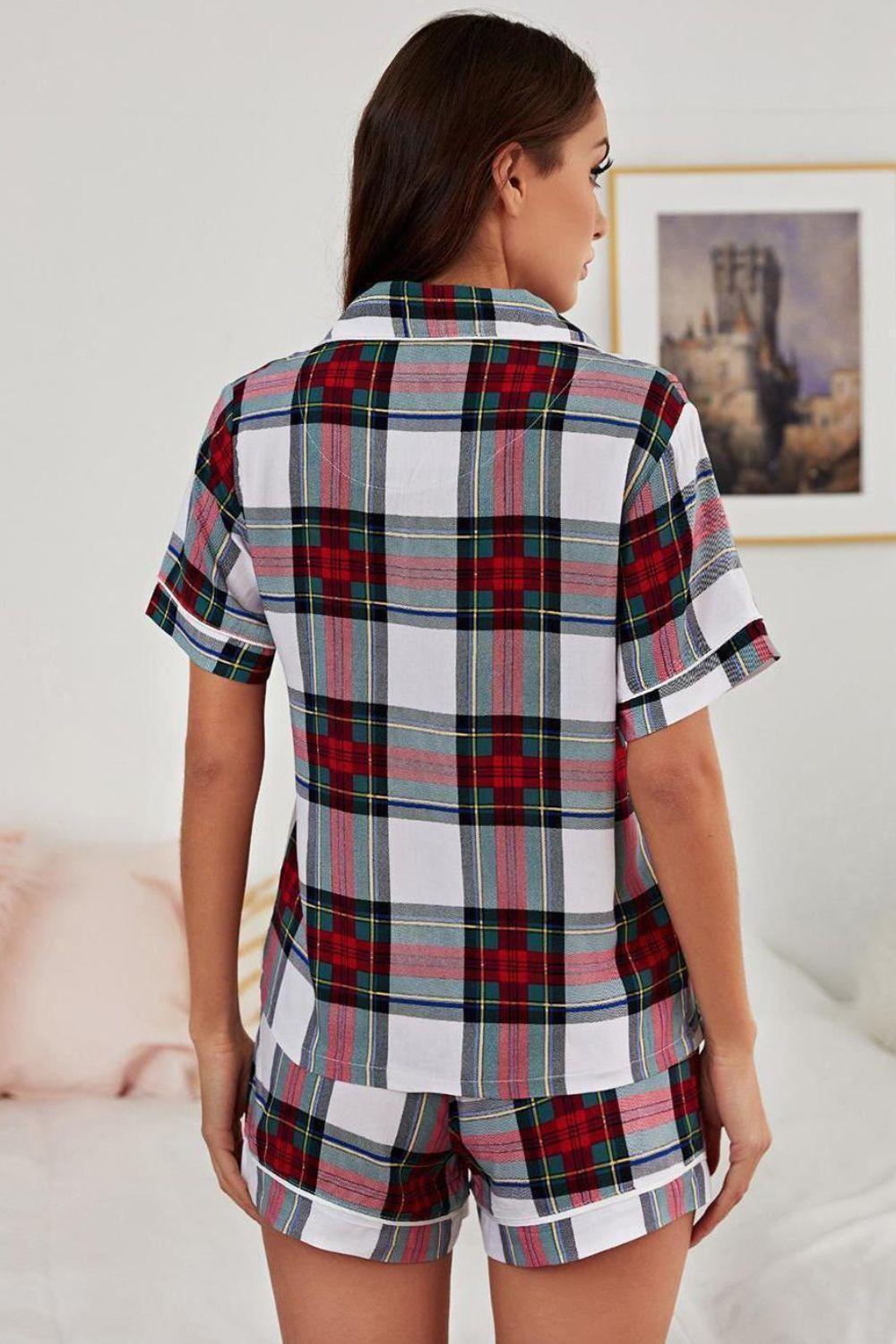 Plaid And Tie Waist Shorts Two Piece Lounge Set - MXSTUDIO.COM