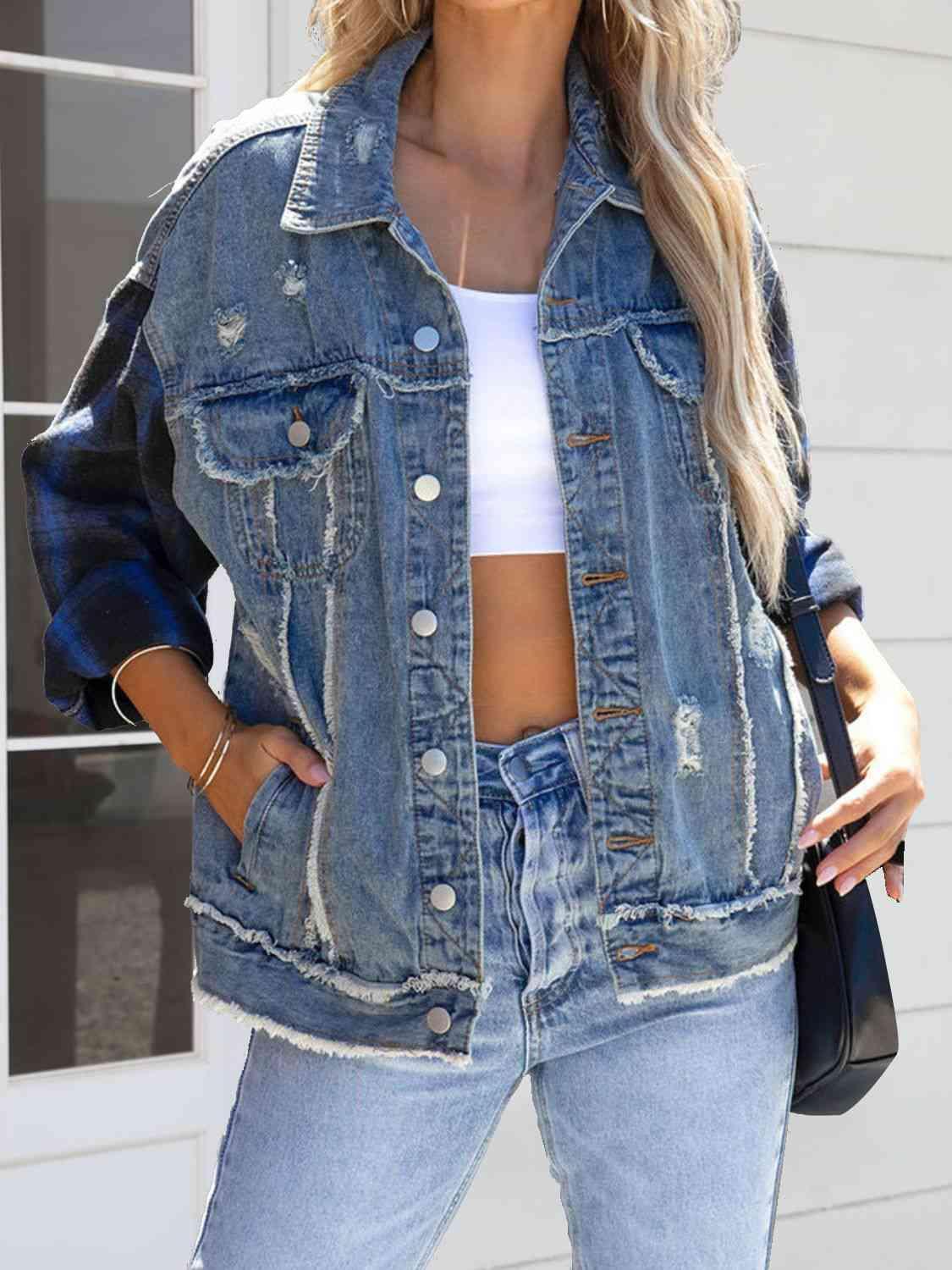 Plaid Sleeve Raw Hem Distressed Denim Jacket - MXSTUDIO.COM