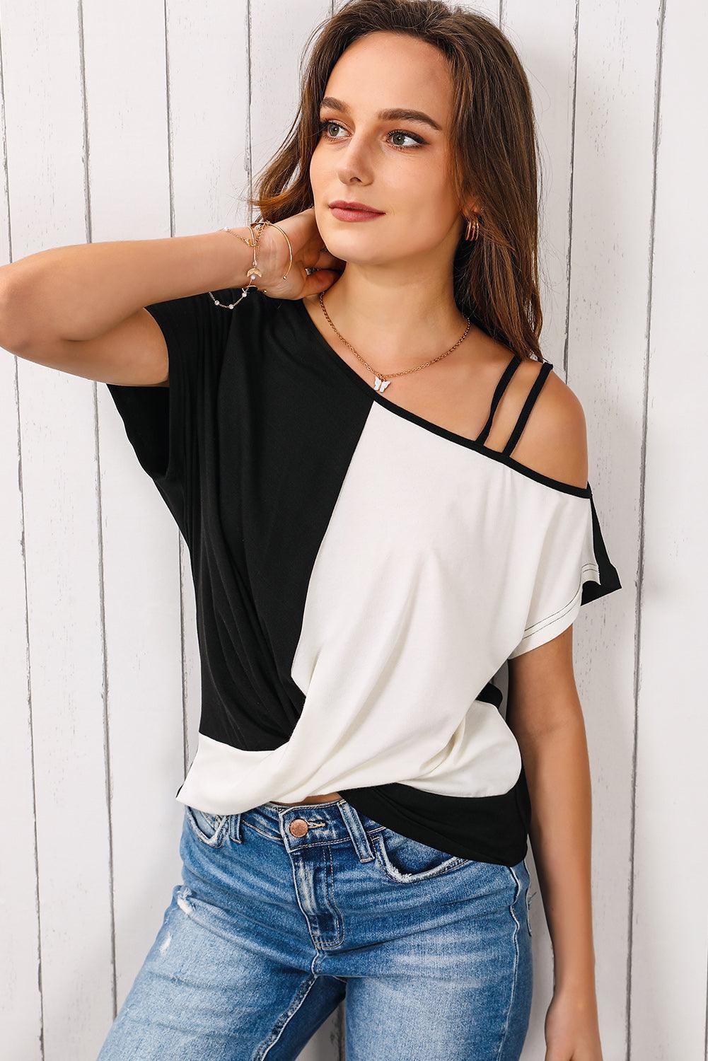 Pleasing Aura Asymmetrical Neck Color Block Blouse - MXSTUDIO.COM