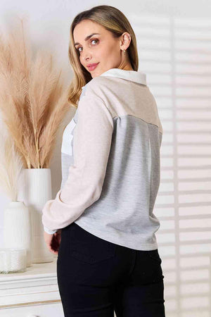 Pocketed Curved Hem Women's Color Block Shirt-MXSTUDIO.COM