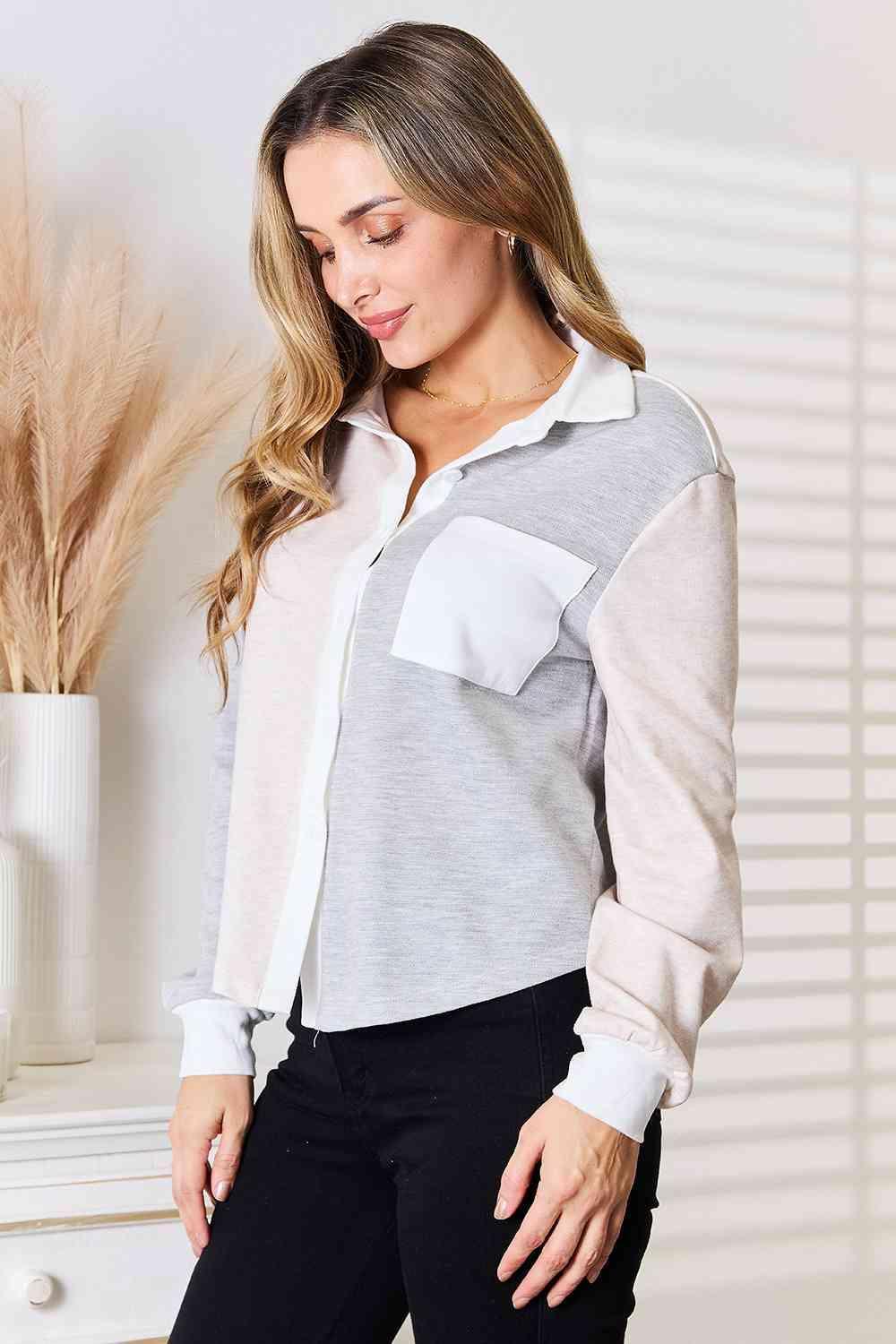 Pocketed Curved Hem Women's Color Block Shirt-MXSTUDIO.COM