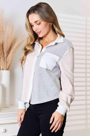 Pocketed Curved Hem Women's Color Block Shirt-MXSTUDIO.COM