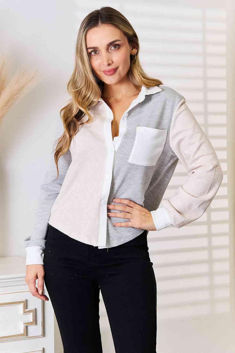 Pocketed Curved Hem Women's Color Block Shirt-MXSTUDIO.COM