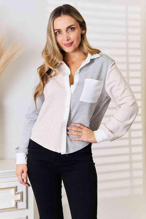 Pocketed Curved Hem Women's Color Block Shirt-MXSTUDIO.COM