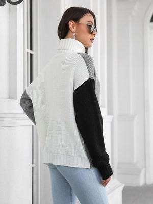 Polished And Warm Color Block Turtleneck Sweater-MXSTUDIO.COM