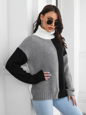 Polished And Warm Color Block Turtleneck Sweater-MXSTUDIO.COM