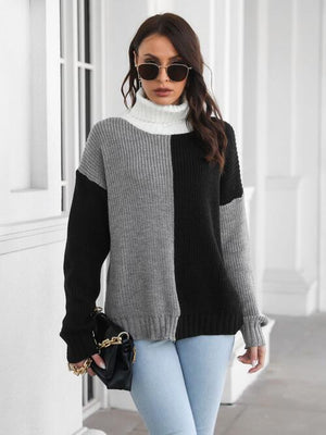 Polished And Warm Color Block Turtleneck Sweater-MXSTUDIO.COM