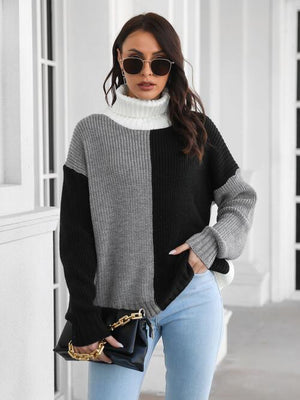 Polished And Warm Color Block Turtleneck Sweater-MXSTUDIO.COM