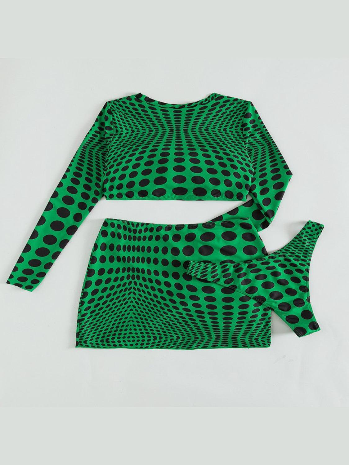a green and black top with a matching skirt