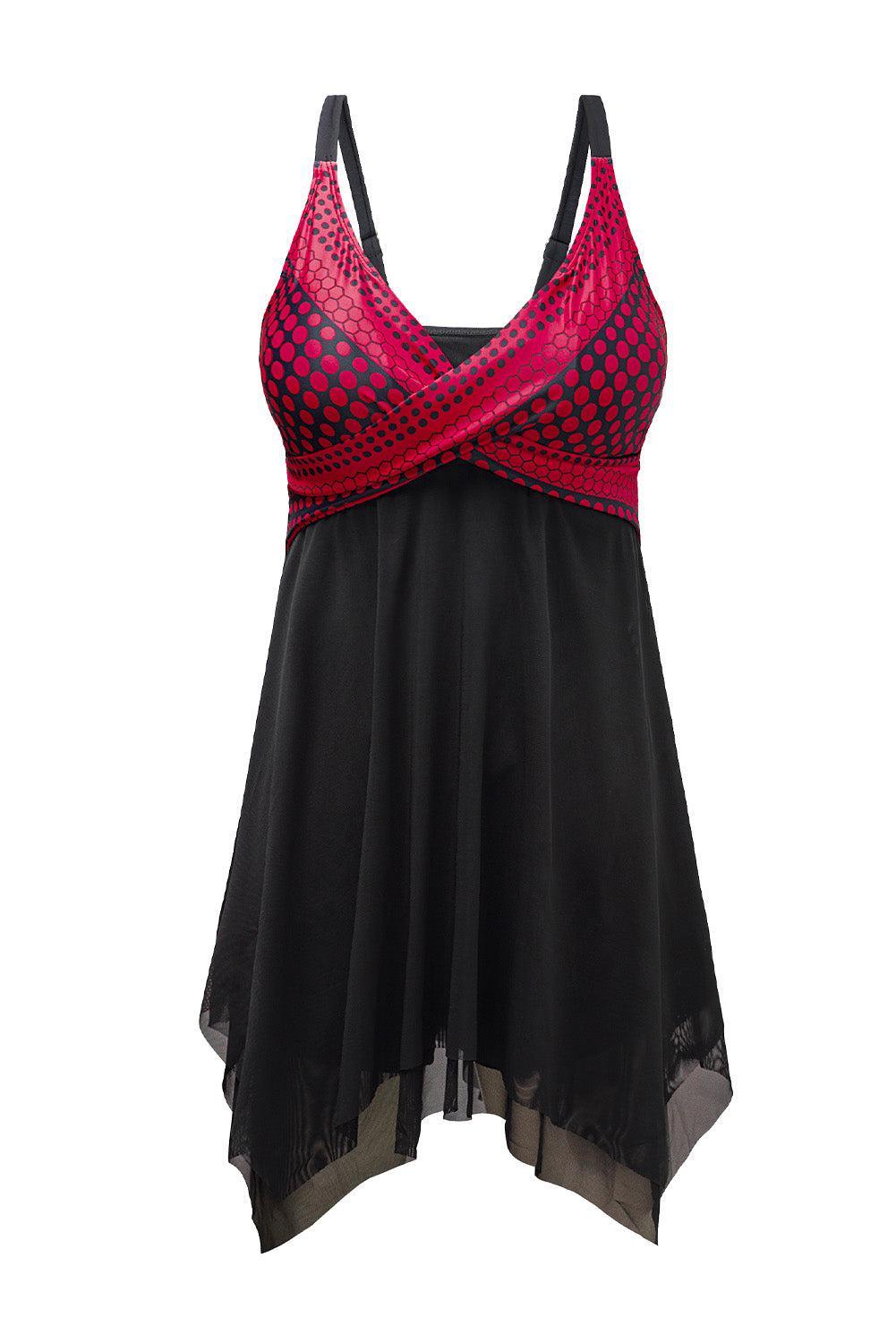 a women's tank top with a red and black design