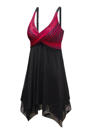 a black dress with a red top on a hanger