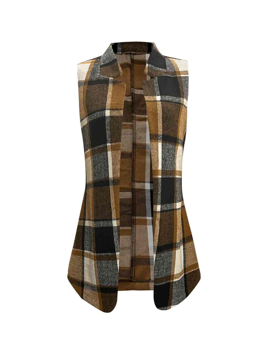 a brown and black plaid vest on a white background