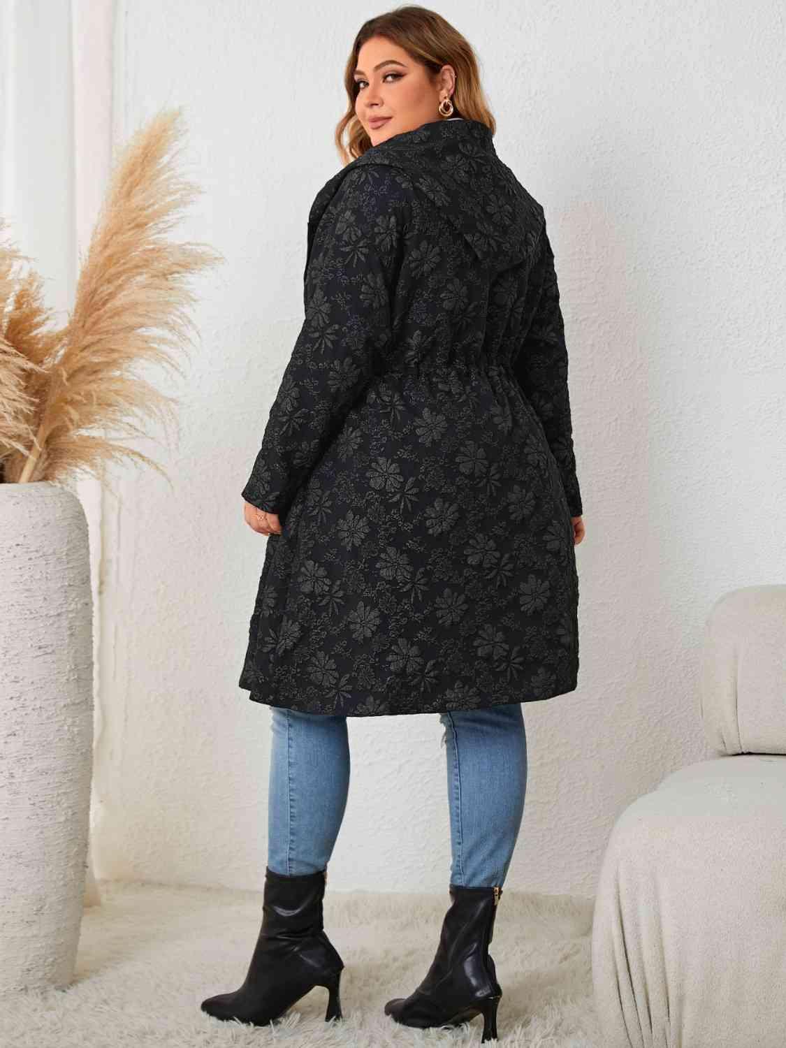 Printed Black Plus Size Hooded Trench Coat - MXSTUDIO.COM