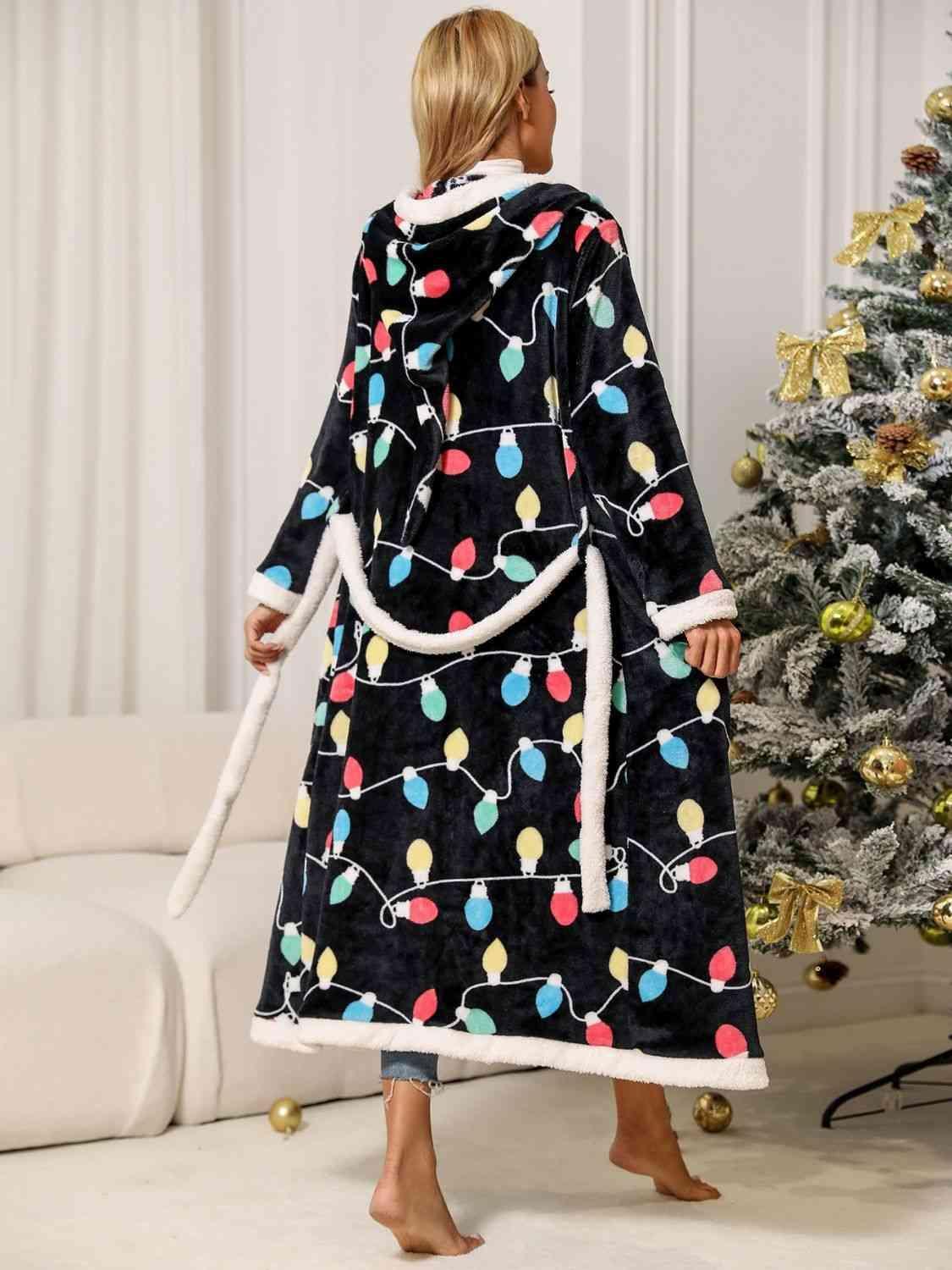 Printed Black Tie Waist Hooded Long Sleeve Robe - MXSTUDIO.COM