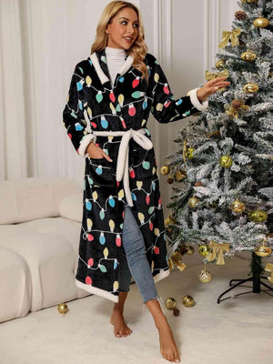 Printed Black Tie Waist Hooded Long Sleeve Robe - MXSTUDIO.COM