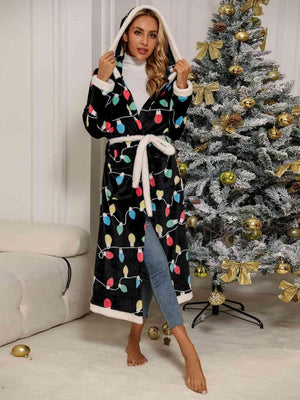 Printed Black Tie Waist Hooded Long Sleeve Robe - MXSTUDIO.COM