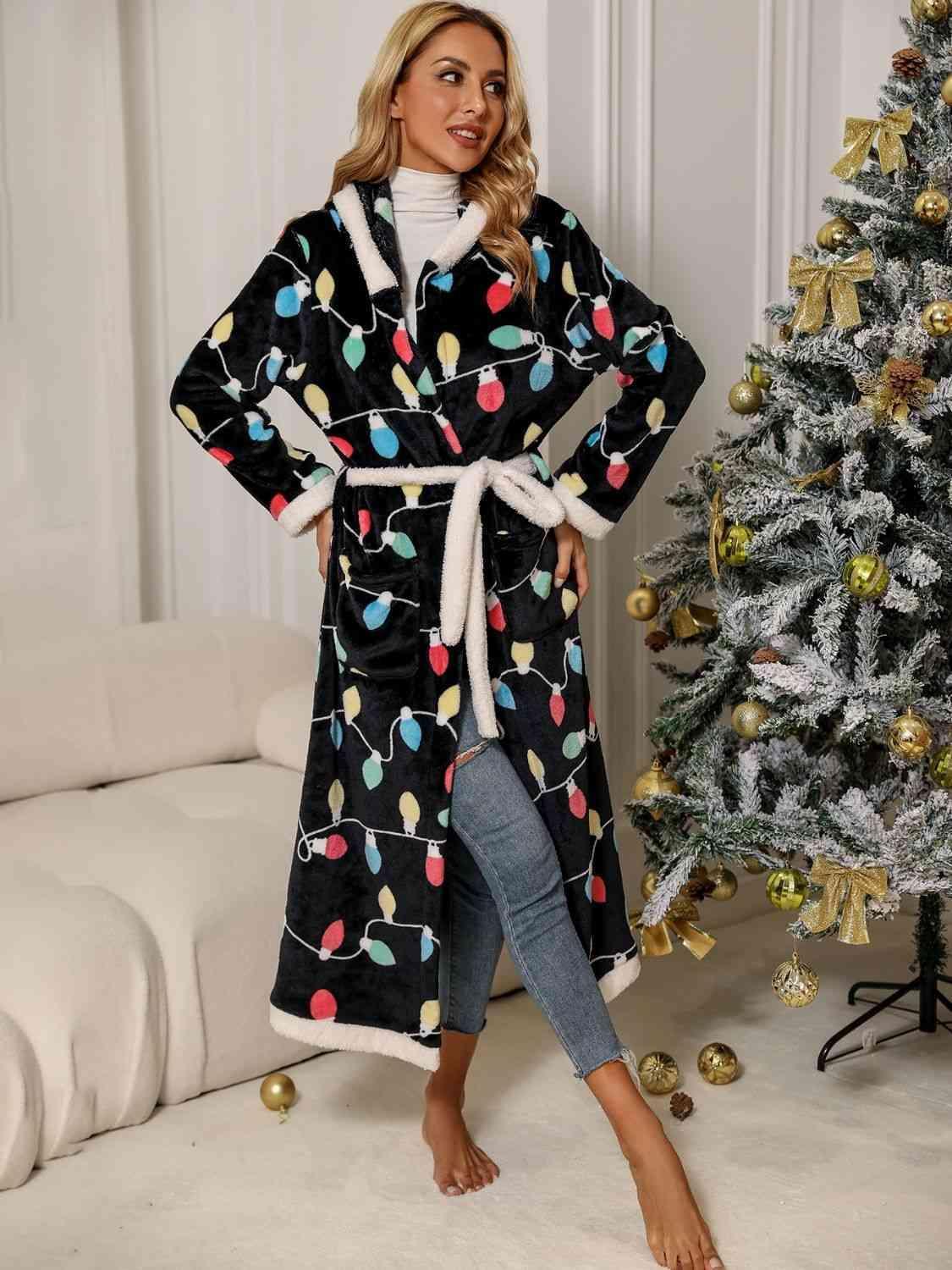 Printed Black Tie Waist Hooded Long Sleeve Robe - MXSTUDIO.COM