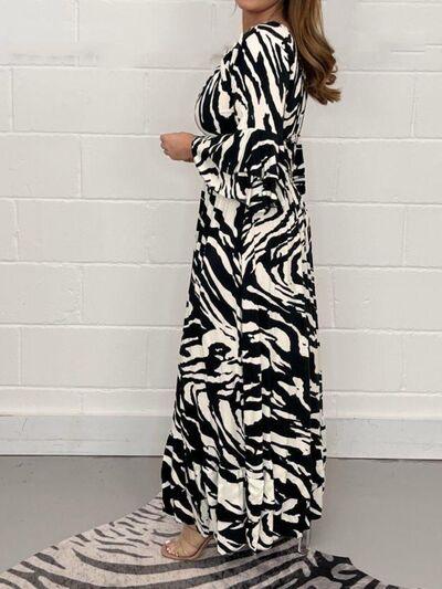 a woman standing on a zebra print rug