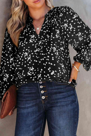 Printed Notched Neck Plus Size Smocked Blouse - MXSTUDIO.COM