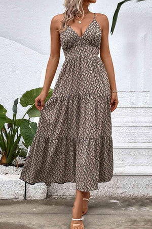 a woman wearing a brown and white dress