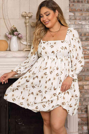 Printed White Plus Size Square Neck Dress - MXSTUDIO.COM
