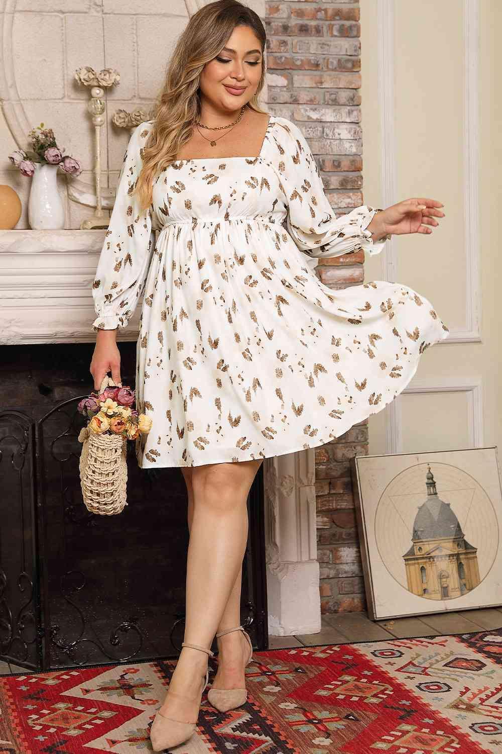 Printed White Plus Size Square Neck Dress - MXSTUDIO.COM