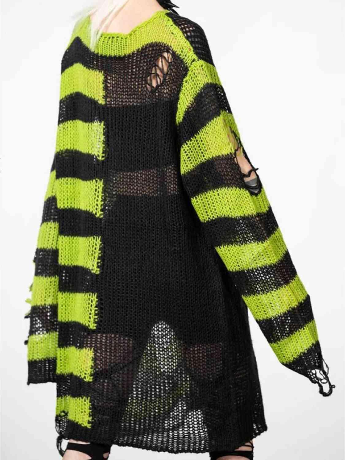 Punk Style Tunic Striped Distressed Sweater-MXSTUDIO.COM