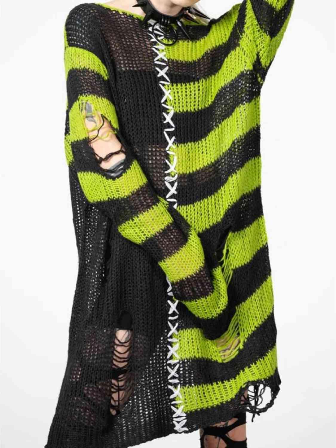 Punk Style Tunic Striped Distressed Sweater-MXSTUDIO.COM