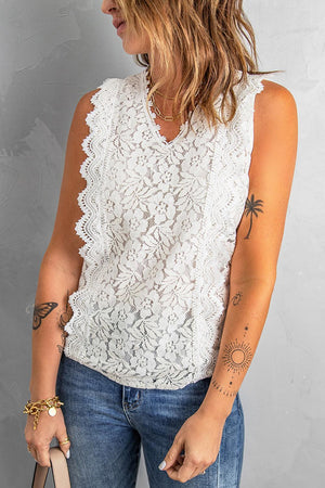 Pure And Fresh V-Neck Scalloped Lace Tank Top - MXSTUDIO.COM