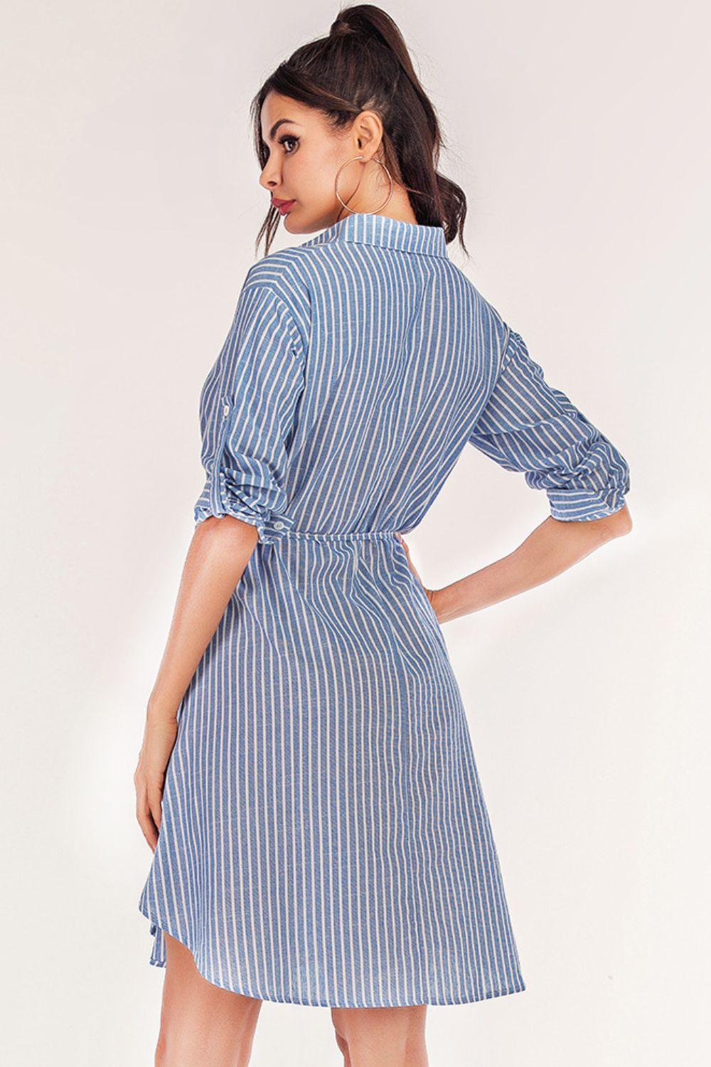 Quarter-Button Blue And White Striped Shirt Dress - MXSTUDIO.COM