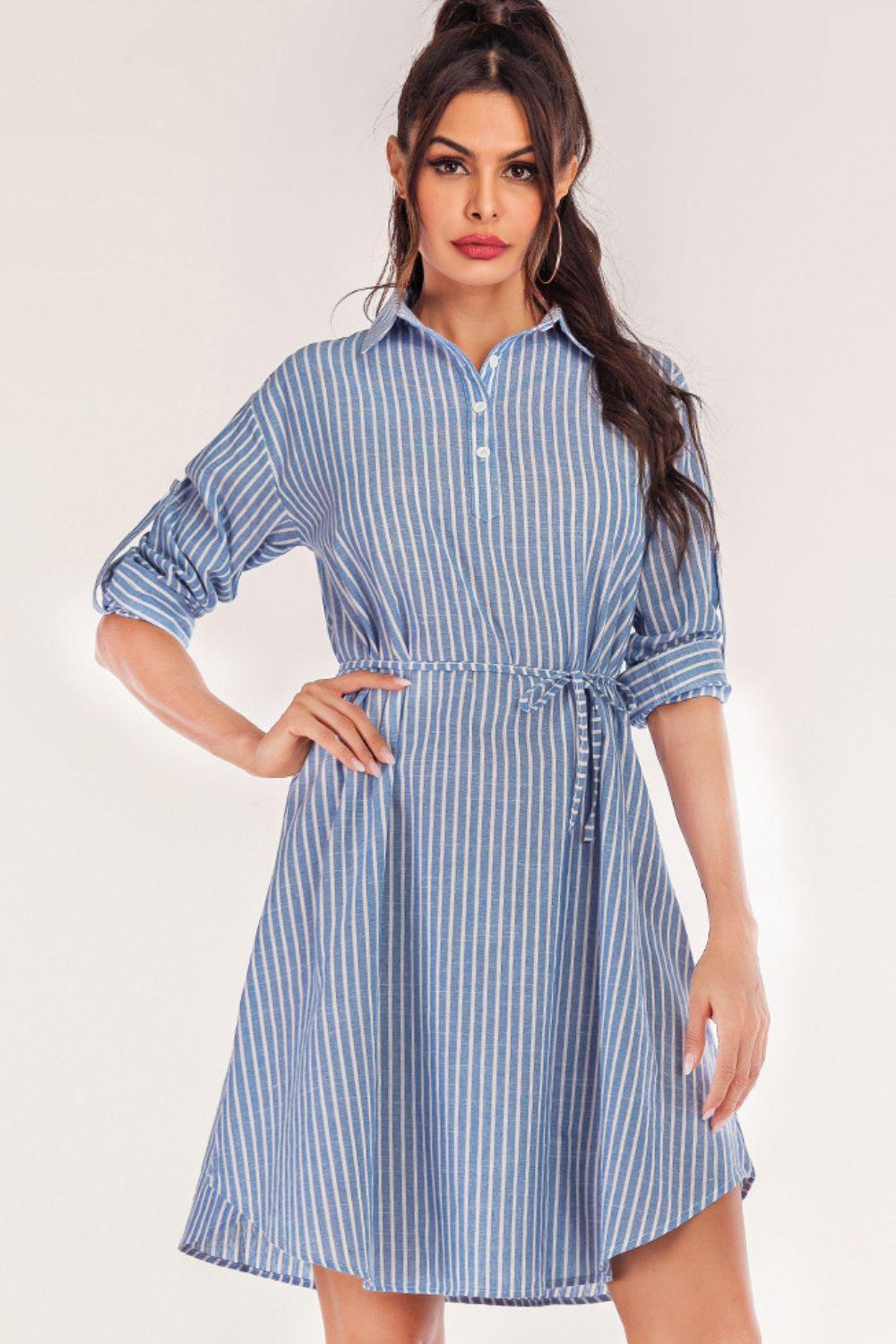 Quarter-Button Blue And White Striped Shirt Dress - MXSTUDIO.COM