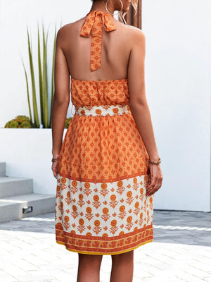 Radiant Floral Tie Waist Orange Halter Neck Dress - MXSTUDIO.COM