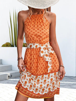 Radiant Floral Tie Waist Orange Halter Neck Dress - MXSTUDIO.COM