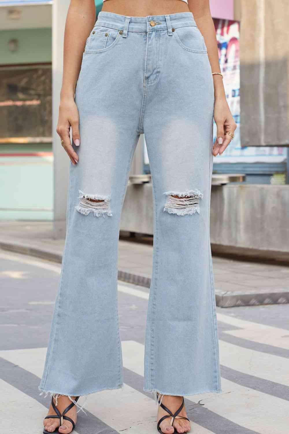 Raw Hem High Waist Distressed Wide Leg Jeans - MXSTUDIO.COM