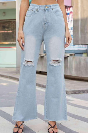 Raw Hem High Waist Distressed Wide Leg Jeans - MXSTUDIO.COM