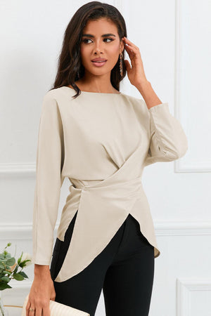 Refined Look Boat Neck Satin Long Sleeve Blouse - MXSTUDIO.COM