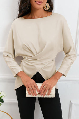 Refined Look Boat Neck Satin Long Sleeve Blouse - MXSTUDIO.COM
