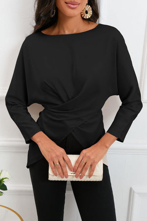 Refined Look Boat Neck Satin Long Sleeve Blouse - MXSTUDIO.COM