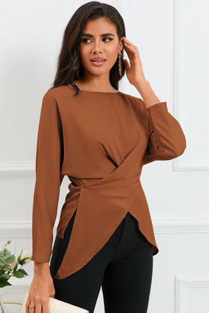 Refined Look Boat Neck Satin Long Sleeve Blouse - MXSTUDIO.COM