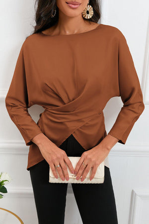 Refined Look Boat Neck Satin Long Sleeve Blouse - MXSTUDIO.COM