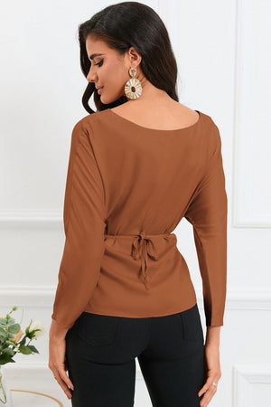 Refined Look Boat Neck Satin Long Sleeve Blouse - MXSTUDIO.COM