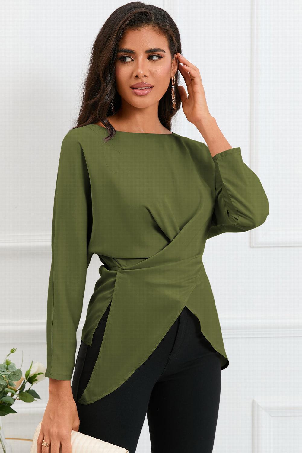 Refined Look Boat Neck Satin Long Sleeve Blouse - MXSTUDIO.COM