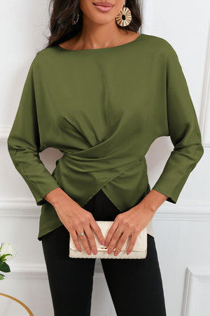 Refined Look Boat Neck Satin Long Sleeve Blouse - MXSTUDIO.COM