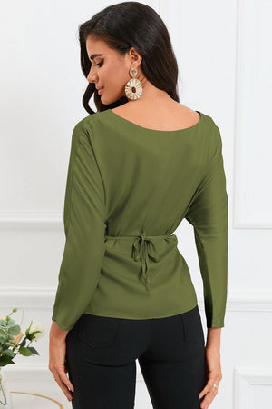 Refined Look Boat Neck Satin Long Sleeve Blouse - MXSTUDIO.COM