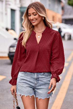 Refreshing Weekend Long Sleeve Swiss Dot Blouse - MXSTUDIO.COM