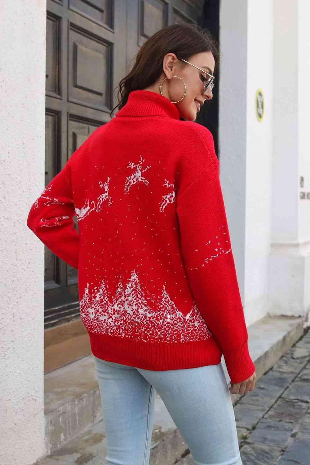 Reindeer & Snow Turtleneck Christmas Sweater - MXSTUDIO.COM