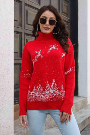 Reindeer & Snow Turtleneck Christmas Sweater - MXSTUDIO.COM