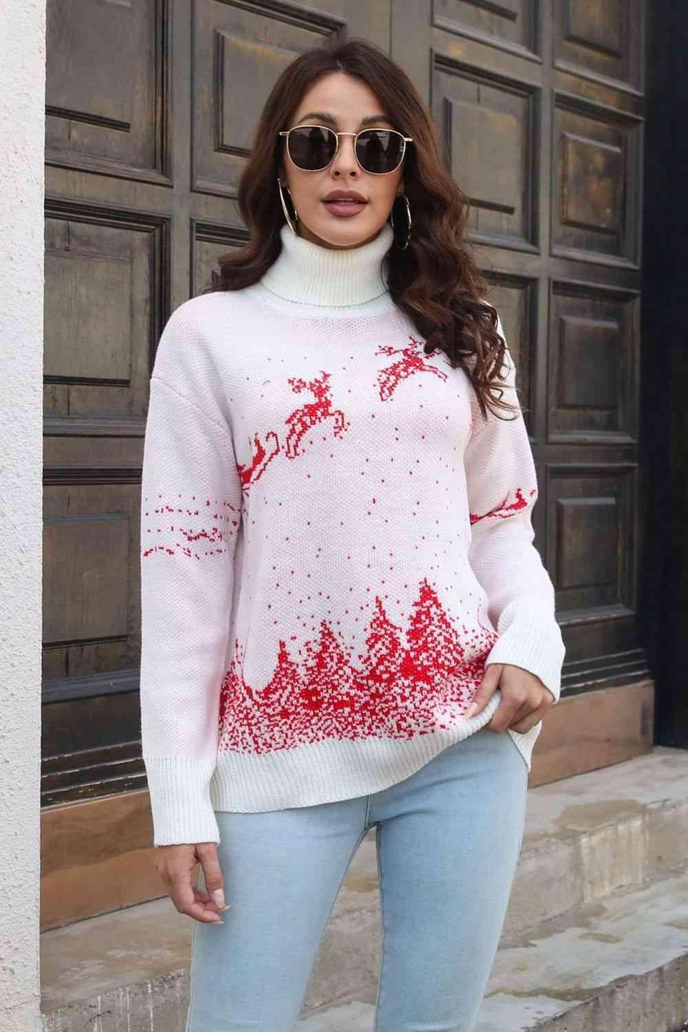 Reindeer & Snow Turtleneck Christmas Sweater - MXSTUDIO.COM